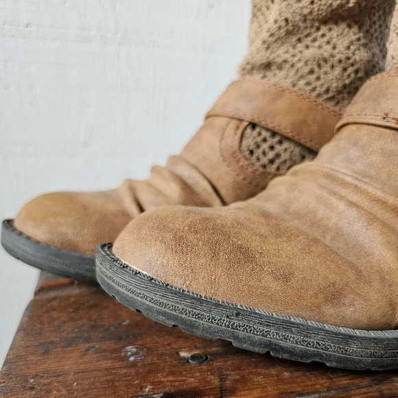 Slouchy moto boot - leather & crochet, Cognac, Women's size 9. - Picture 4 of 10